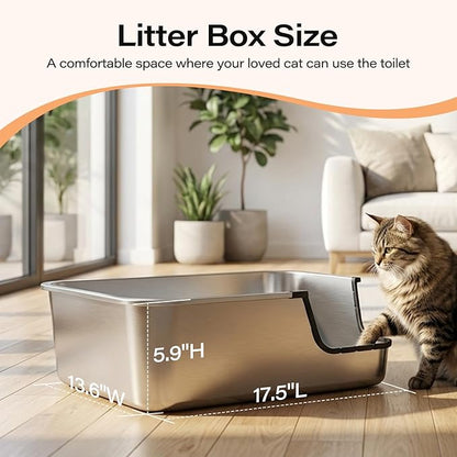 Stainless Steel Cat Litter Box, 19.5"L x 13.6"W x 6"H Metal Cat Litter Box with Low Entry for Senior, Injured Cats Anti-Slip Non-Stick No Odor Easy to Clean for Most Cats with Weight of 22Ibs or Less