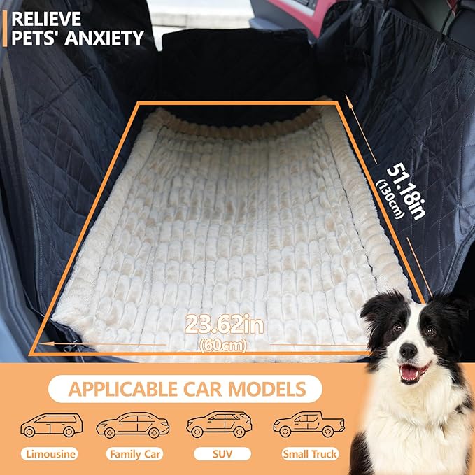 2-in-1 Dog Car Seat Cover & Dog Car Pet Bed Mat for Back Seat, Waterproof Pet Hammock with Soft Plush Cushion, Nonslip Backseat Protector for Dogs, Fits Cars SUVs Trucks
