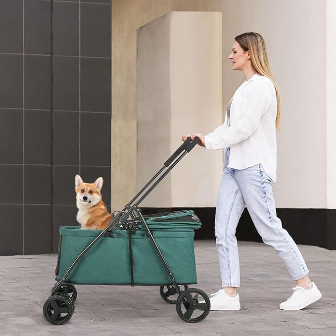 20% Larger Capacity, Wedyvko Dog Stroller for Medium/Small Pets w/Dog Poop Bags & Dispenser, Storage Pouch, Zipperless, Entry in/Out Easy (Dark Green)