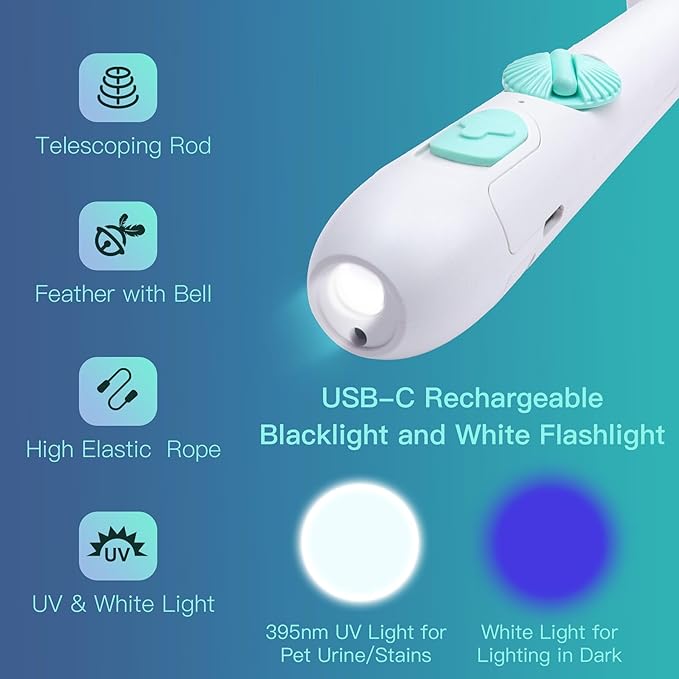 SEVENKA 3in1 Cat Toy, Rechargeable UV Flashlight and Retractable Rod with Feather Toy, USB-C White Light & 395nm Blacklight for Pet Urine Stains, Bed Bugs, Interactive Toy for Cat, Kitten