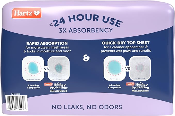 Hartz Miracle Guard Dog and Puppy Dog Pads Max Absorbency 24 Hour Use Odor Eliminating Lavender Scented No Leaks, Regular Size 25 Count