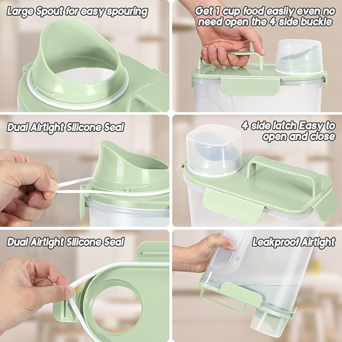 5-7Lbs Dog Cat Food Storage Container with Upgraded Large Nozzle BPA-free, 4 Snap Seals Plastic Pet Food Storage Containers with Handles (light Green x 2, 5L-2pack)