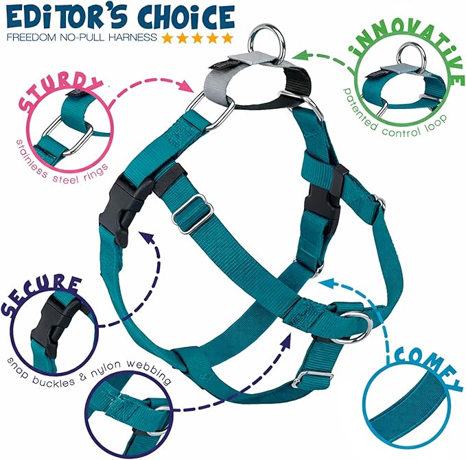 2 Hounds Design Freedom No Pull Dog Harness, Adjustable Harness, Easy Walking & Comfortable Control, Fits Small, Medium & Large Dogs, Solid Colors, Made in USA, 5/8" SM, Teal