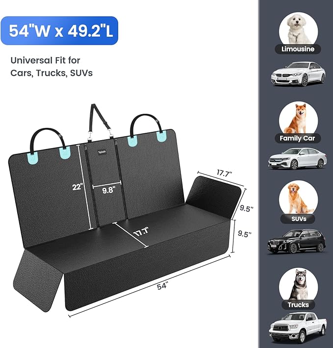 Dog Car Seat Cover for Back Seat with PU Leather, Waterproof Backseat Pet Cover for Dogs, Rear Seat Protector for Dogs with Non-Slip Net, Universal Fit for Car, Truck and SUV, Black