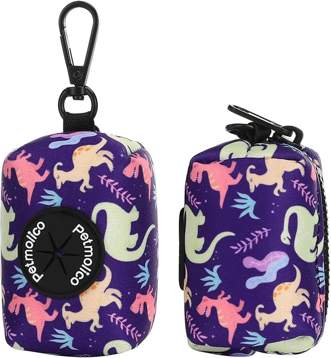Petmolico Attachment,Waste Bag Dispenser Zippered Pouch, Fits Any Leash, Includes Free Roll of Dog Bags, Poop Bag Dispenser - 2 Packs, Little Dinosaurs