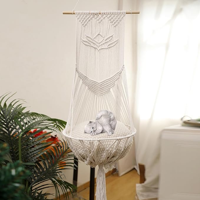 Macrame Cat Hammock-Boho Cat Bed Cotton Wall Hanging for Indoor Outdoor Home Decor, Macrame Cat Bed Hanging for Sleeping, Playing, Climbing and Lounging 49.2" Lx15.74 W