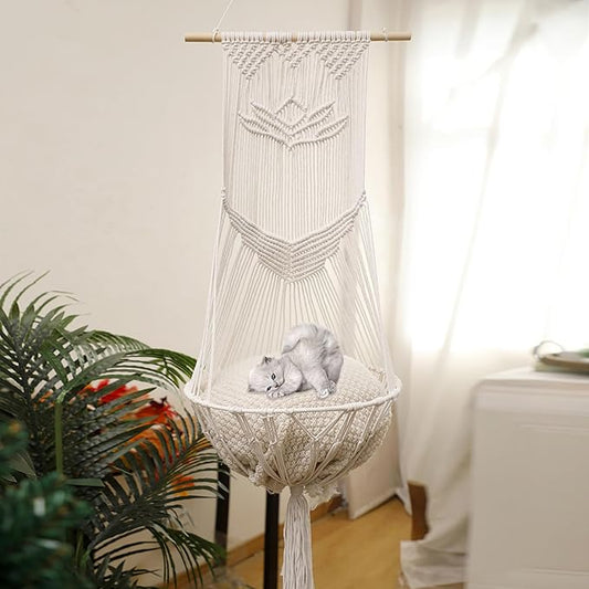 Macrame Cat Hammock-Boho Cat Bed Cotton Wall Hanging for Indoor Outdoor Home Decor, Macrame Cat Bed Hanging for Sleeping, Playing, Climbing and Lounging 49.2" Lx15.74 W