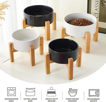 8'' Ceramic Raised Dog Bowl - 70Oz Dog Food & Water Bowl with Elevated Non-Slip Bamboo Stand, Dishwasher & Microwave Safe, Anti Vomiting Heavy Duty Pet Bowl for Medium and Large Dogs, Black