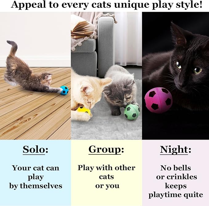 Meric CoCoo 1.5-Inch Soft Foam Cat Soccer Balls, Bouncy & Lightweight, Interactive Indoor Play Toys for Kittens & Cats, Quiet & Durable, Bright Colors, 12-Pack
