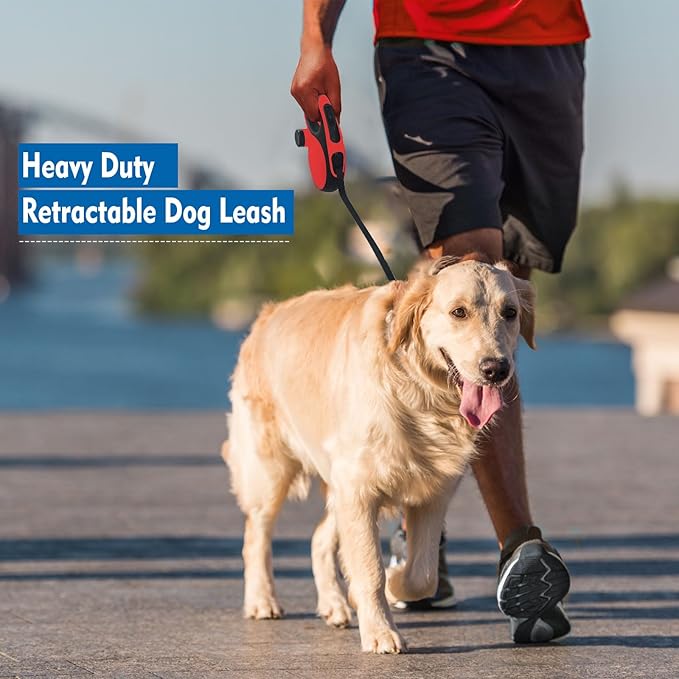 26Ft Retractable Dog Leash with Chew Proof Cable,Heavy Duty Dog Leash with Removable Poop Bags for Medium Large Dogs up to 110lbs,Strong Nylon Tape No Tangle,One-Handed Brake (Red)