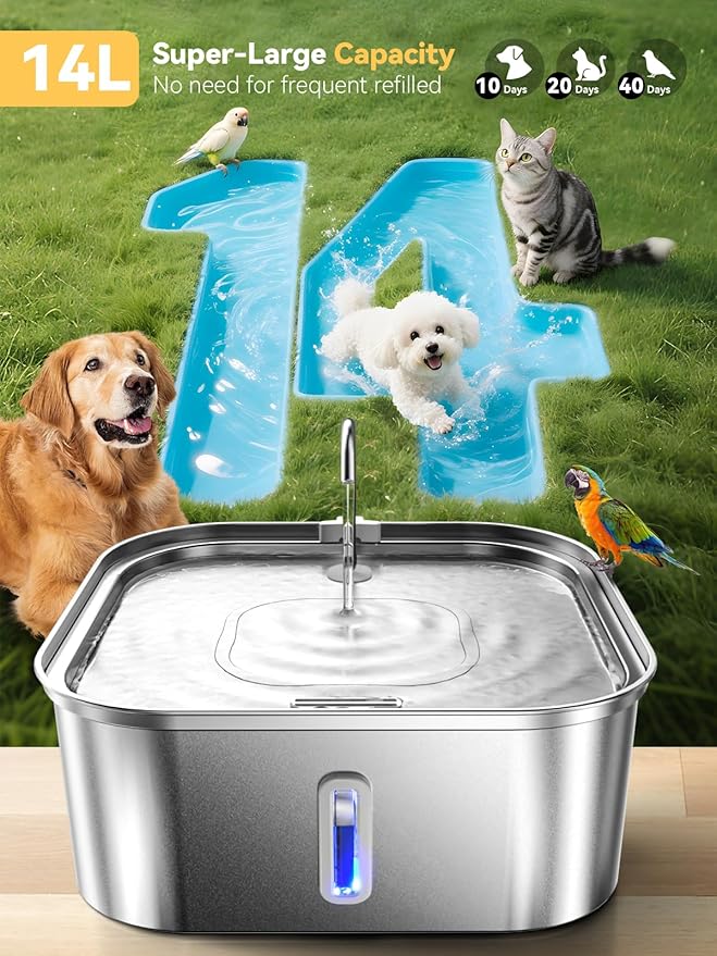 Large Dog Water Fountain 14L/3.7Gal, Stainless Steel Pet Fountain for Large Dogs and Multi-Pets Families, Visible Window & Extra Wide Drinking Area, Enlarges Capacity & Saves Space (with 7pcs Filters)