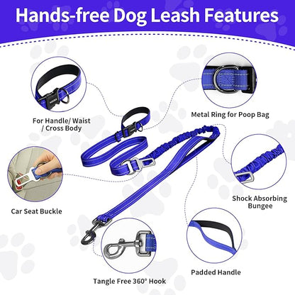 Kazazoo Hands-Free Dog Leash with 6-9FT Adjustable Length - Heavy Duty No Pull Bungee Design, Reflective Safety for Walking, Jogging & Training | Suitable for Medium to Large Dogs Blue L
