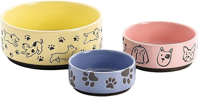 Bico Happy Dogs Yellow Ceramic 76oz Pet Bowl, for Large Size Dog, Puppy, Cat, Kitten, Durable and Dishwasher Safe Stoneware