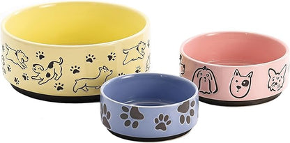 Bico Happy Dogs Yellow Ceramic 76oz Pet Bowl, for Large Size Dog, Puppy, Cat, Kitten, Durable and Dishwasher Safe Stoneware