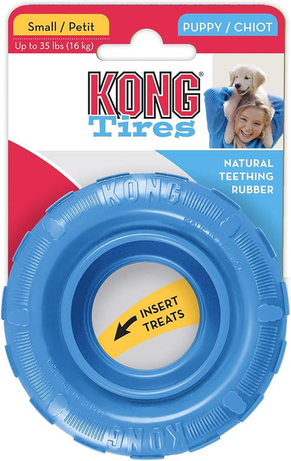 KONG Puppy Tires - Dog Chew Toy for Puppies - Stuffable Dog Toy for Treats & Snacks - Natural Rubber Chew Toy for Teething Puppy - for Small Puppies - Randomly Provided Color