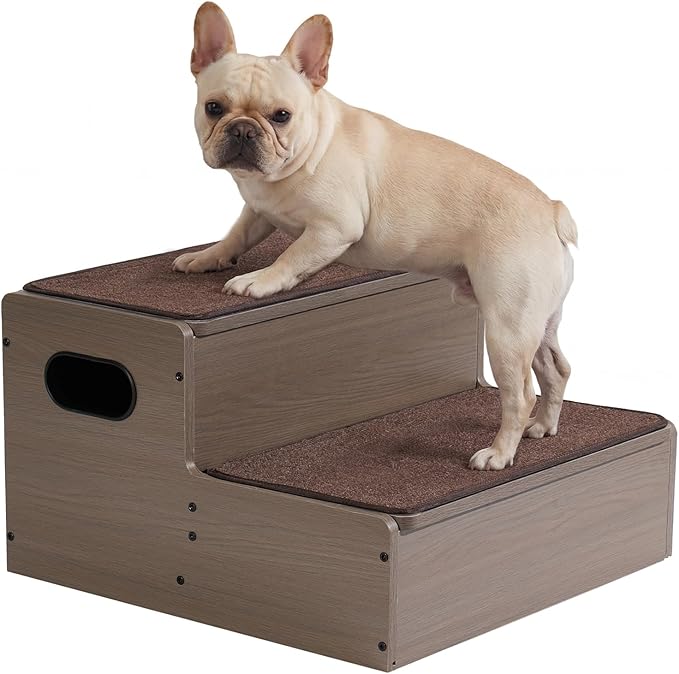 Veehoo Wooden Dog Steps for Bed Couch with Storage 18"H 20"W, 2 Step Pet Stairs for Dogs to Get on Bed with Non Slip Rug, Jiont Friendly Pet Cat Stairs Puppy Doggy Ramp Ladder for Small to Large Dogs