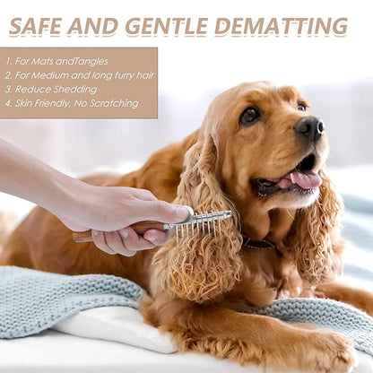 Large Long Pin Slicker Brush for Shedding – 3PC Grooming Kit with Dematting Comb & Comb for Long-Haired Dogs & Cats, Doodles, Poodles, Goldendoodle & Double Coats, Wooden Handle, Natural