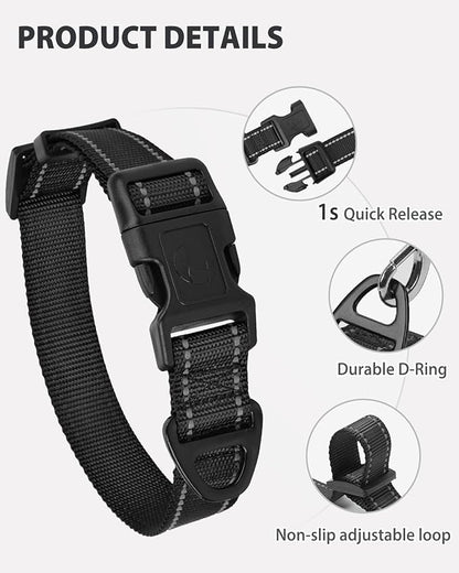 Joytale Dog Collars for Medium Dogs, Comfortable Double-Sided Reflective Nylon Collar for Night Safety, Adjustable Quick-Release for Active Pets, Black, M (1" Width)