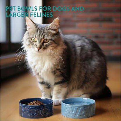 Navaris Dog Food and Water Bowl Set - 16 cm (6.3") Ceramic Bowls for Medium and Large Dogs or Big Cats - 700 ml (23.7 oz) Feeding Dish - Light Blue/Dark Blue