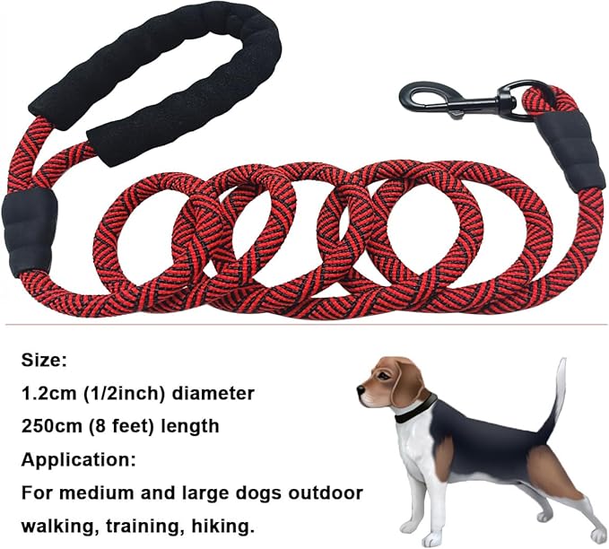 MayPaw Heavy Duty Rope Dog Leash, 3/4/5/6/7/8/10/12/15 FT Nylon Pet Leash, Soft Padded Handle Thick Lead Leashes for Large Medium Dogs (red Black, 1/2" * 8')