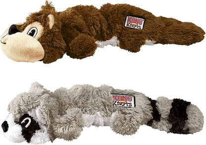 KONG Scrunch Knots 2 Pack Dog Toy – Stuffing-Free Plush with Internal Knotted Ropes & Squeaker – Durable Tug & Chew Toy (Squirrel/Raccoon Combo, Medium/Large)