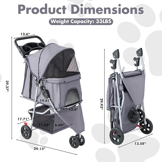 Sweetcrispy 3 Wheels Pet Stroller for Small Dogs and Cats – Foldable Dog Stroller with Mesh Windows, Storage Basket & Cup Holder, Lightweight & Durable Pet Carrier for Travel, Outdoor Use, Grey