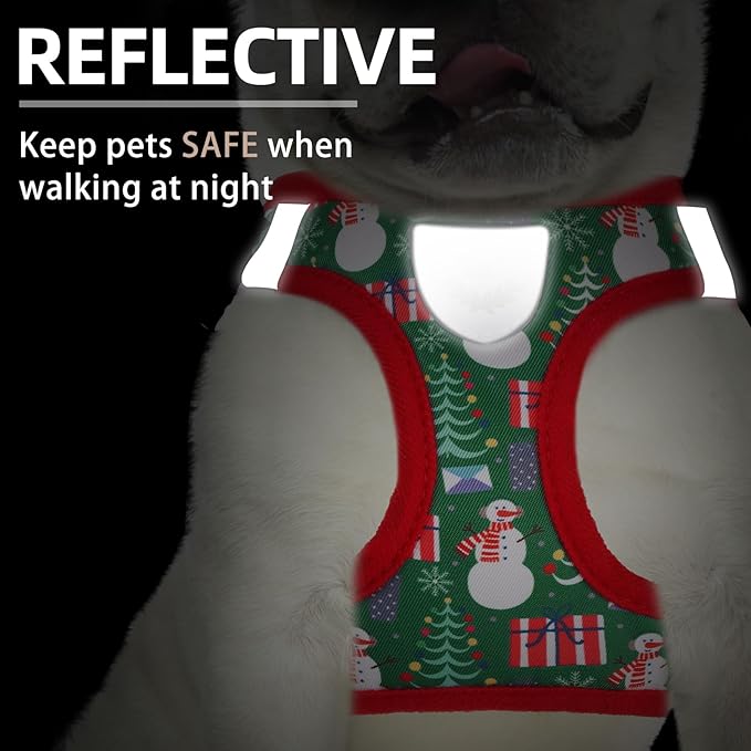 PUPTECK Adjustable Dog Harness Collar and Leash Set Step in No Pull Pet Harness for Small Medium Dogs Puppy and Cats Outdoor Walking Running, Soft Mesh Padded Reflective Vest Harnesses, Christmas, S