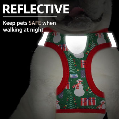 PUPTECK Adjustable Dog Harness Collar and Leash Set Step in No Pull Pet Harness for Small Medium Dogs Puppy and Cats Outdoor Walking Running, Soft Mesh Padded Reflective Vest Harnesses, Christmas, M