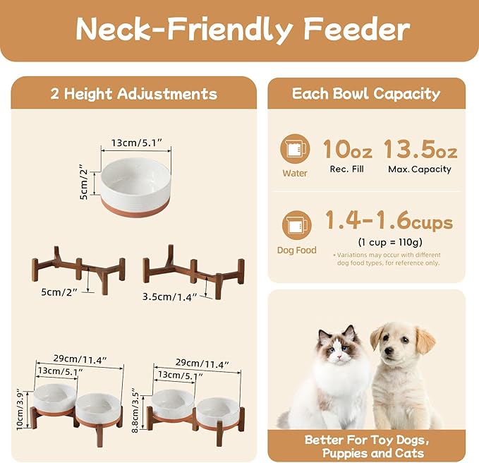Ceramic 5.1inch Raised Double Bowls Set with Acacia Wood Stand, 2 Heights Elevated, Food & Water Bowls for Puppy, Kitty, Cats(13.5oz, Vanilla White)