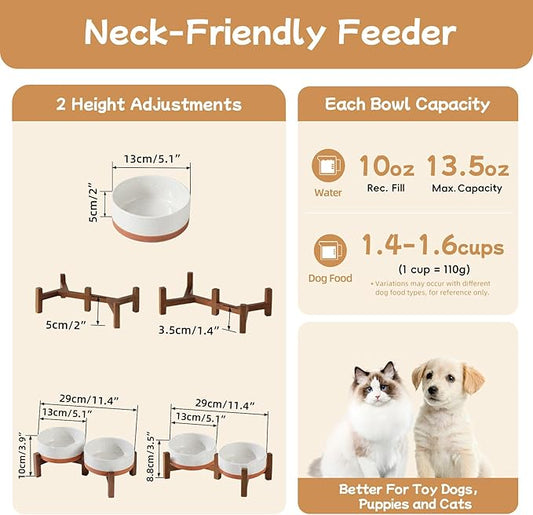 Ceramic 5.1inch Raised Double Bowls Set with Acacia Wood Stand, 2 Heights Elevated, Food & Water Bowls for Puppy, Kitty, Cats(13.5oz, Vanilla White)