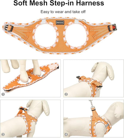 Mercano Soft Mesh Dog Harness and Leash Set, No-Chock Step-in Reflective Breathable Lightweight Easy Walk Vest Harnesses with Safety Buckle for Small Dogs, Cats (Orange, L)