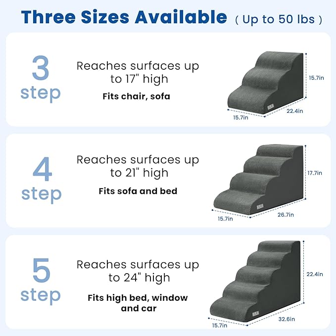 Dog Stairs for Small Dogs and Cats – 3 Step Pet Ramp for Couch & Sofa, Non-Slip Dog Steps for Pets, Washable Cover, High-Density Support Foam for Easy Climbing,Grey