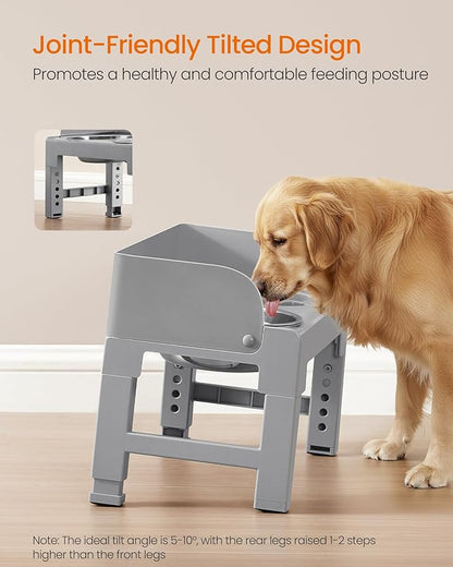 Feandrea Dog Bowls Elevated, Raised Stand with 1 Slow Feeder and Two 304 Stainless Steel Bowls, Adjustable Height and Tilted Design, Dove Gray UPRB103GD01