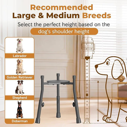 Extra-Stable Elevated Dog Bowl Stand for Large Medium Breeds, Adjustable Size 4 Heights Width 6-10in, Anti-Tip Metal Raised Food Feeder Water Dish Holder, Non-Slip Tall Single Lifted Riser
