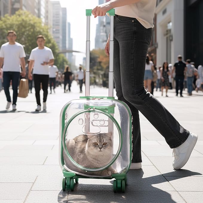 Pet Carrier with Wheels for Cats and Dogs, Clear Hard-Shell Rolling Pet Carrier with Retractable Handle, Airline-Approved Travel Carrier, Portable Cat and Dog Stroller (Green)