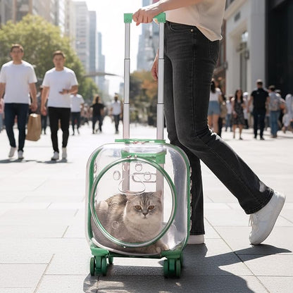 Pet Carrier with Wheels for Cats and Dogs, Clear Hard-Shell Rolling Pet Carrier with Retractable Handle, Airline-Approved Travel Carrier, Portable Cat and Dog Stroller (Green)