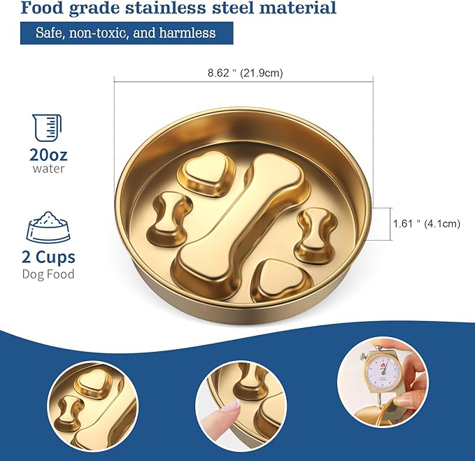 Golden Stainless Steel Slow Feeder Dog Bowls – Non-Slip Metal Dog Bowl for Large & Medium Breeds, Puppy Puzzle Feeder – 2 Cup Capacity for Small to Big Pets – Durable Slow Feed Dog & Cat Food Dish