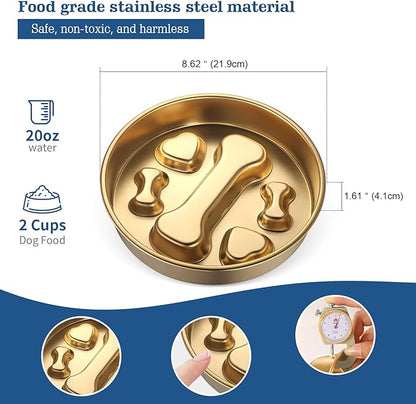 Golden Stainless Steel Slow Feeder Dog Bowls – Non-Slip Metal Dog Bowl for Large & Medium Breeds, Puppy Puzzle Feeder – 2 Cup Capacity for Small to Big Pets – Durable Slow Feed Dog & Cat Food Dish