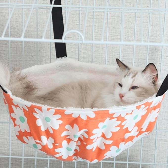 Warm Cat Hammock Lounge Hanging Bed for Cage Kennel Chair with Metal Frame, Adjustable Straps, Reversible Cat Bed, Machine Washable, Suitable for All Seasons (Orange,Small)