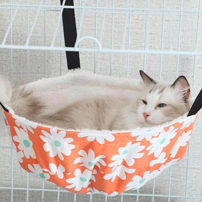 Warm Cat Hammock Lounge Hanging Bed for Cage Kennel Chair with Metal Frame, Adjustable Straps, Reversible Cat Bed, Machine Washable, Suitable for All Seasons (Orange,Small)