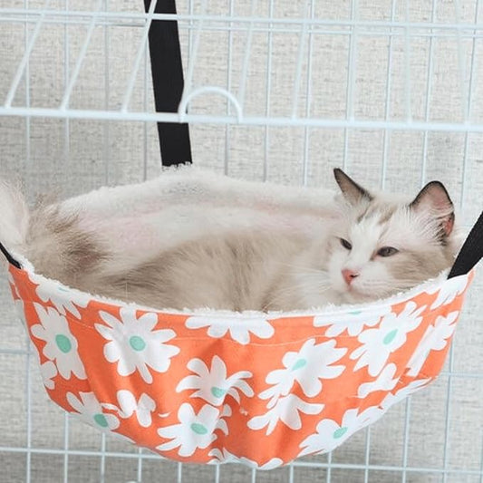 Warm Cat Hammock Lounge Hanging Bed for Cage Kennel Chair with Metal Frame, Adjustable Straps, Reversible Cat Bed, Machine Washable, Suitable for All Seasons (Orange,Small)