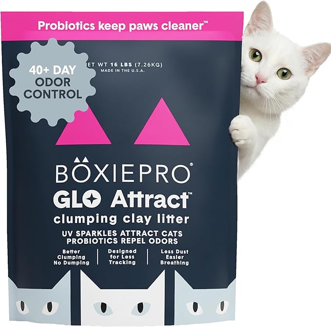 Boxie Glo Clumping Clay 30 Day Odor Control Cat Litter, 99.9% Dust-Free, Low Tracking, UV Light Attractant, 16 lb