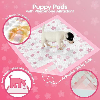 Pink Puppy Pads, 50 Count Cute Dog Pee Pad with Adhesive Tabs for Potty Training, Pink Cherry Blossom Design, Leak-Proof Quiky-Dry Pads for Puppies, Dogs, Cats, Rabbits(23x23in Super Absorbent)