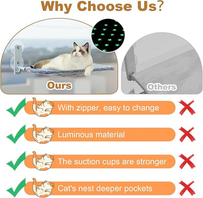 Glow in The Dark Cat Window Perch, Large Foldable Hammock Bed with 4 Strong Suction Cups and Warm Soft Zipper Removable Cushion for Indoor Cats (Stars)