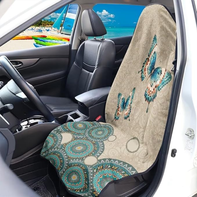 Coldinair Vintage Butterfly Towel Car Seat Cover for Men,Sweat Car Seat Protector After Workout,Gym,Swimming,Anti-Slip Universal Car Seat Covers for Truck,Van,SUV