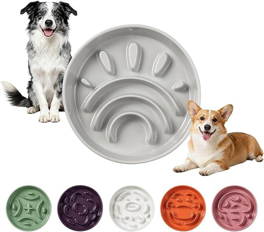 Ceramic Slow Feeder Dog Bowl - Maze Dog Bowl to Slow Down Eating - Feeding Dish for Fast Eaters - Ideal Food Control Dish for Medium to Large Breeds - 8.2 Inch - 1.8 Cups (180g) - Grey