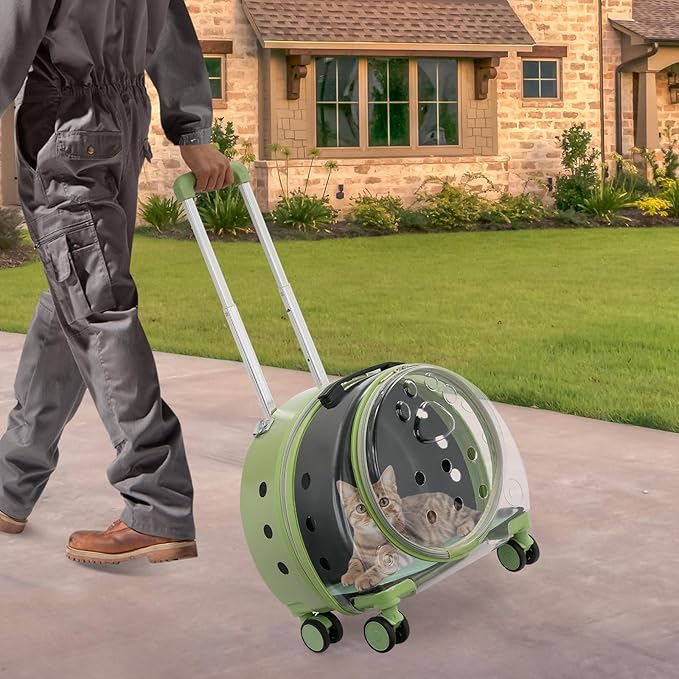 Transparent Bubble Pet Carrier with Wheels, Breathable Cat Dog Travel Carrier with 3-Stage Handle & Removable Strap, Portable Trolley Case with Ventilation for Small Dogs & Cats (Green)