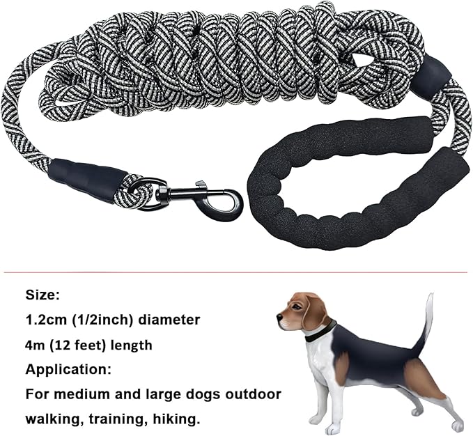 MayPaw Heavy Duty Rope Dog Leash, 3/4/5/6/7/8/10/12/15/20FT Nylon Pet Leash, Soft Padded Handle Thick Lead Leashes for Large Medium Dogs (Black, 1/2" * 12')