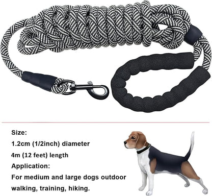 MayPaw Heavy Duty Rope Dog Leash, 3/4/5/6/7/8/10/12/15/20FT Nylon Pet Leash, Soft Padded Handle Thick Lead Leashes for Large Medium Dogs (Black, 1/2" * 12')