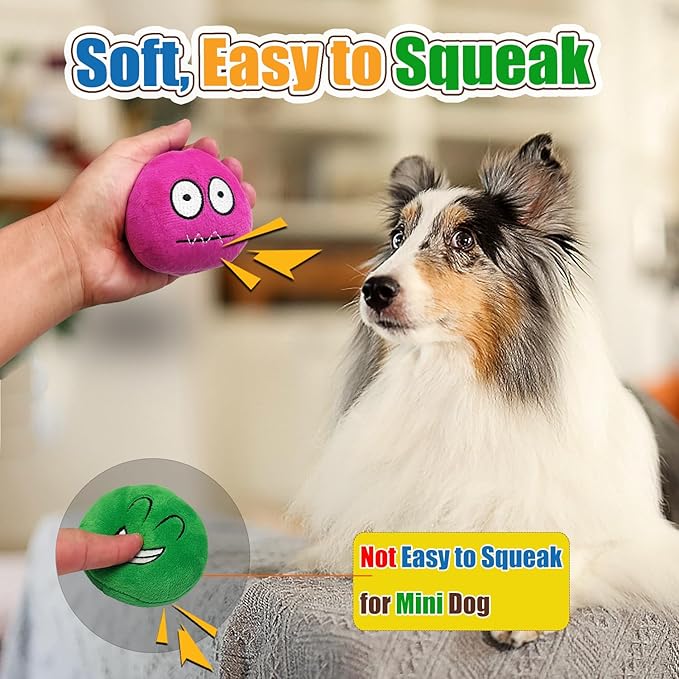 4 Pack 3 Inch Flat Squeaky Dog Balls - Plush Stuffed Built-in Squeaker, Expressions Interactive Soft Chew Toy for Small Medium Breed Dogs Puppies Indoor Outdoor